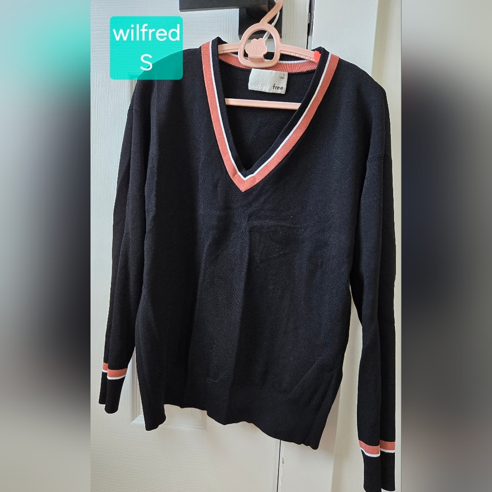 Wilfred Black V-Neck Sweater with Pink and White Trim